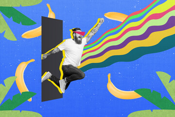 Artwork magazine collage of funny funky guy jumping from colorful doorway wear vr glasses isolated...