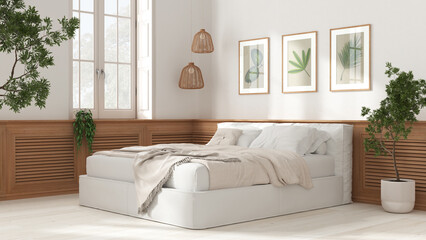 Naklejka premium Modern bedroom in white tones. Double soft bed, wooden wall panel with pictures, potted plants and parquet. Country house concept idea, interior design