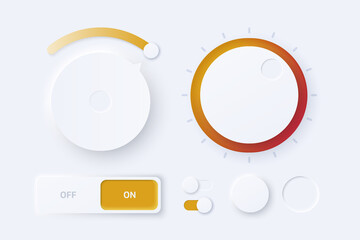 Set of 3D neumorphism light control vector buttons. Geometric shapes: circle, square, rectangle on white background with light shadows. 