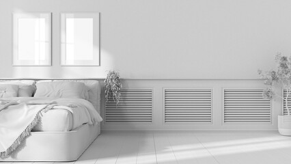 Total white project draft, bedroom interior design background with copy space, wooden panel with shutters, plaster wall in with pictures. Bed with blanket. Parquet, interior design