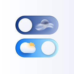 Neumorphism UI, on and off buttons set with weather icons. 3d slider bars, active unlock and lock good weather, user interface switch panels with shadow and circle shape. Vector illustration