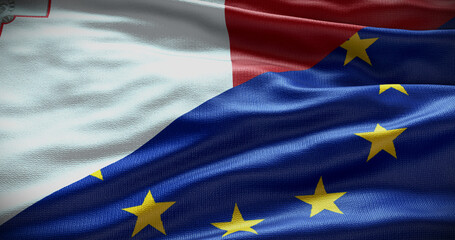 Malta and European Union flag background. Relationship between country government and EU. 3D illustration