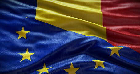 Romania and European Union flag background. Relationship between country government and EU. 3D illustration - obrazy, fototapety, plakaty