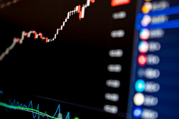 Display of quotes pricing graph visualization under black background. Financial statistic analysis on dark background with growing financial charts. Stock analyzing. Price chart bars.