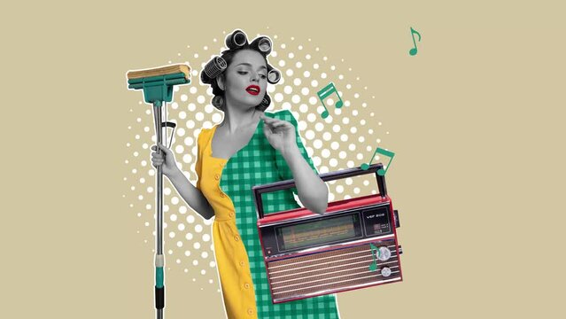 Creative design. Contemporary art collage with beautiful woman in hair curlers, holding modern floor mop and retro radio set. Stop motion