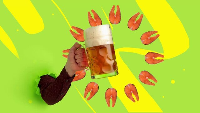 Contemporary art collage with hand holding beer glass with light cold beer. Concept of festival, taste, drinks and holidays, oktoberfest. Stop motion