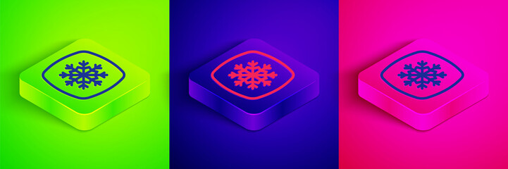 Isometric line Snowflake icon isolated on green, blue and pink background. Merry Christmas and Happy New Year. Square button. Vector