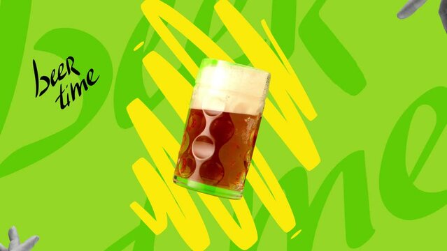 Contemporary art collage with two hands touching beer glass with lager, crafted cold beer. Concept of festival, national traditions, taste, drinks and holidays, oktoberfest