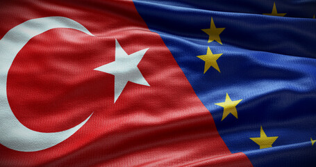 Turkey and European Union flag background. Relationship between country government and EU. 3D illustration