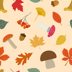 Autumn forest leaves, berries, acorns, and mushrooms on peach beige seamless pattern design. Cute fall seasonal vector illustration. Fall season specific.