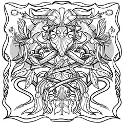 Trendy snake drawing in linear style with floral ornament.