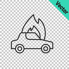 Black line Burning car icon isolated on transparent background. Car on fire. Broken auto covered with fire and smoke. Vector