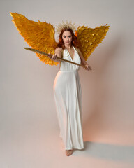 Full length portrait of beautiful red head woman wearing long flowing fantasy toga gown with golden halo crown jewellery, standing pose   isolated on a white studio background.
