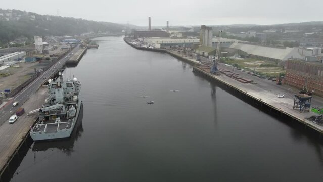 HMS Enterprise moored at The Docklands Quay Cork South Ireland drone aerial view