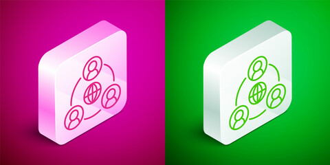 Isometric line Meeting icon isolated on pink and green background. Business team meeting, discussion concept, analysis, content strategy. Presentation conference. Silver square button. Vector