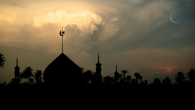 Ramadan, Eid ai-fitr,New year Muharram islamic religion Symbols with silhouette mosque dome and crescent moon on  twilight sky in night sunset. arabic,Eid al-adha,mubarak  Muslim concept.