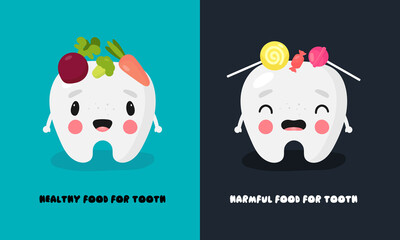 Poster about dental hygiene in cartoon style. The illustration shows funny tooth, harmful and healthy food for him. Dental concept for children dentistry and orthodontics. Vector illustration.