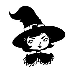 Cute witch. Halloween little witch character portrait in cartoon doodle outline style. Vector illustration of little girl in witch costume