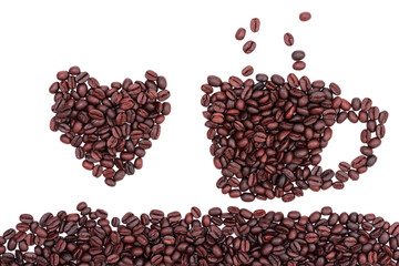 Hand-drawn coffee cup and heart shape with roasted, aromatic, fresh, delicious coffee beans,...