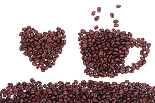 Hand-drawn coffee cup and heart shape with roasted, aromatic, fresh, delicious coffee beans, isolated on white background.