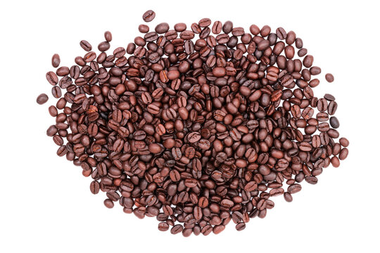 heap of roasted coffee beans, aromatic, fresh, delicious, isolated on white background