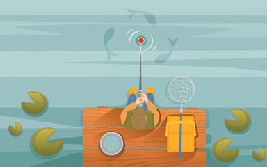 Fisherman sits on wooden pier and fishing with rod vector illustration