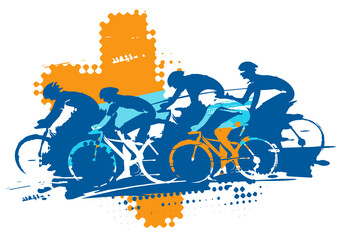 Cycling race, MTB cycling.
Expressive stylized drawing of group of cyclists in full speed. Imitating drawing ink and brush. Vector available.