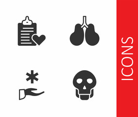 Set Skull, Patient record, Cross hospital medical and Lungs icon. Vector