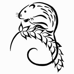 Field mouse on spike of wheat. Black and white drawing of a rodent. Calligraphy image.