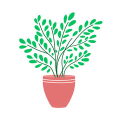 Decorative vase for home flowers. Pot with green plants. Object of a room interior. Flat vector illustration isolated on white background