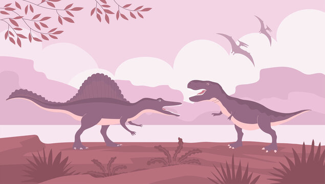 Tyrannosaur vs spinosaurus. Carnivorous lizards. Big pangolin rex. Ancient dinosaurs of the Jurassic period. Vector cartoon illustration. Prehistoric nature background. Wild landscape © Mikhail Ognev