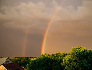 View of the rainbow from the window. Dark clouds after rain and sun rays. Urban landscape, treetops...