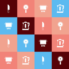 Set pop art Knife, Frying pan, Cooking pot on fire and Electric kettle icon. Vector