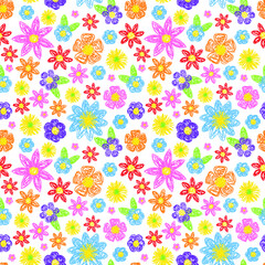 Seamless repeat vector pattern. Childlike, naïve, smudgestick flowers. Crayons. 