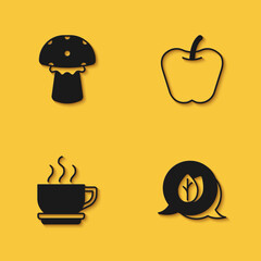 Set Mushroom, Leaf, Coffee cup and Apple icon with long shadow. Vector