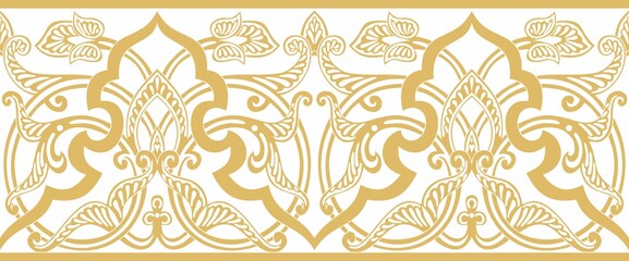 Vector seamless golden oriental ornament. Endless Arabic patterned border, frame. Persian painting..