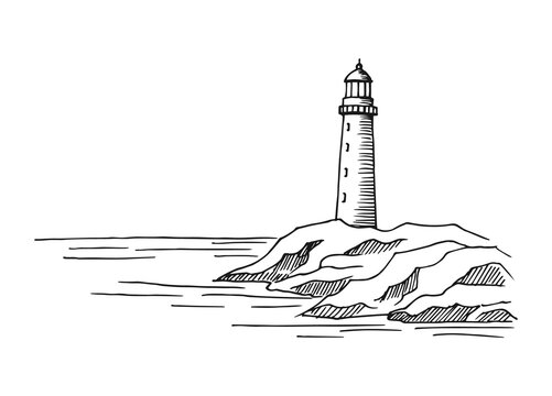 Seascape. Lighthouse. Hand drawn illustration converted to vector. Sea coast graphic landscape sketch illustration vector.