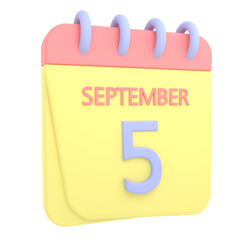 5th September 3D calendar icon. Web style. High resolution image. White background
