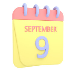 9th September 3D calendar icon. Web style. High resolution image. White background