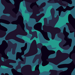 Camouflage, seamless vector pattern. Gray, black, turquoise. Texture, background. Dark camouflage pattern for textiles. Military style.