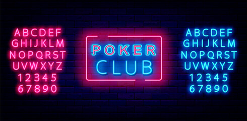 Poker club neon sign. Bright advertising. Shiny blue and pink alphabet. Internet gambling game. Vector illustration