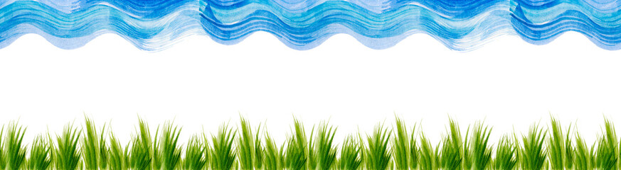 Obraz premium Watercolor field. Wild grass, country abstract landscape. Abstract green, blue spot. Watercolor card, logo. Wild grass drawing, green, blue paint splash on white isolated background, label, frame