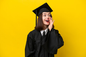 Young university graduate Ukrainian woman isolated on yellow background shouting with mouth wide...