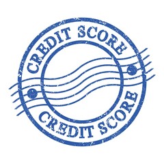 CREDIT SCORE, text written on blue postal stamp.