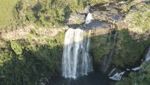 Aerial View of river falls in the forest in Thaba Chweu NU, Mpumalanga, South Africa.