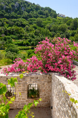 Fototapeta na wymiar Traditional stone house decorated with flowers in Rijeka Rezevici. Montenegro, Europe
