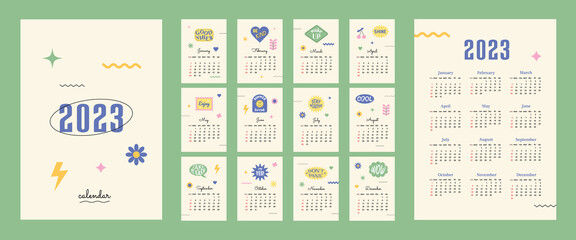 Calendar 2023 with retro shapes and positive stickers. Week start on Sunday. Set of 12 months, cover and one sheet of the year. Template for A4 A3 A5 size. Vector illustration in 1990s style