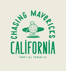 Planet Earth surfing. Chasing mavericks California. Cute earth character with surfboard and little sun character on top. Silkscreen vintage typography surfing t-shirt print vector illustration.