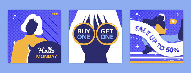 Social media post collection with flat people illustration