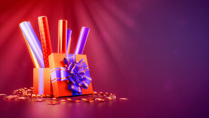 gift wrapping and gift box on festal backdrop - abstract 3D illustration